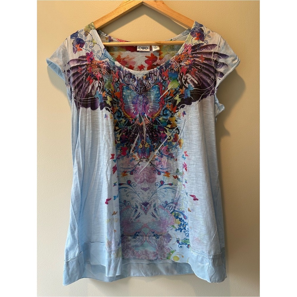 Butterflycore Fairycore Cato Butterfly Wing Tee XL Blue Rhinestone Graphic Top